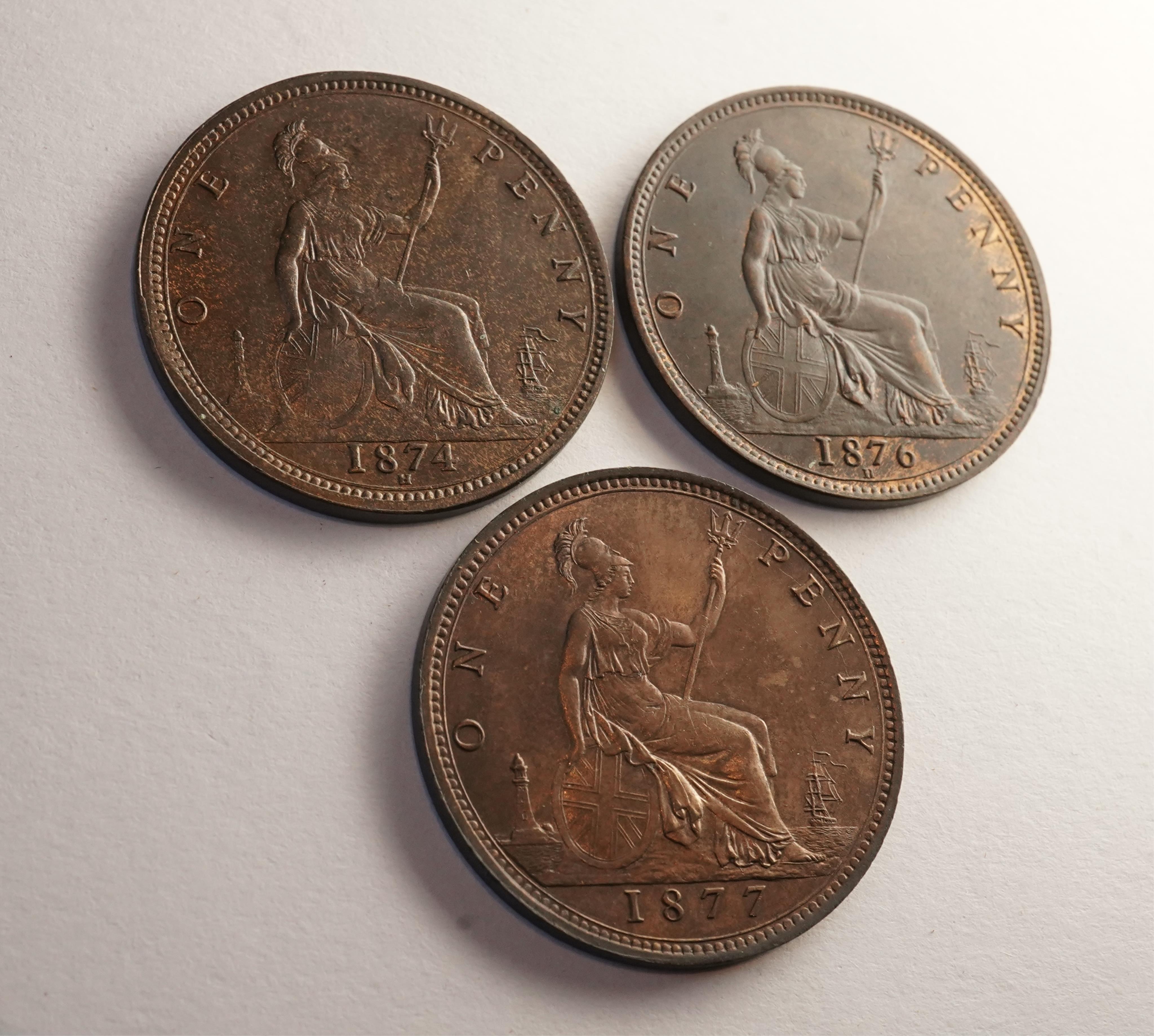 British coins, Victoria, three bronze pennies;, 1874, small date over H, Fr. 73, Gouby dies K/j, good VF, dark toned, 1876, small date over H, Fr. 89, Gouby dies L/m, crisply struck, about UNC, dark toned, patches of lus
